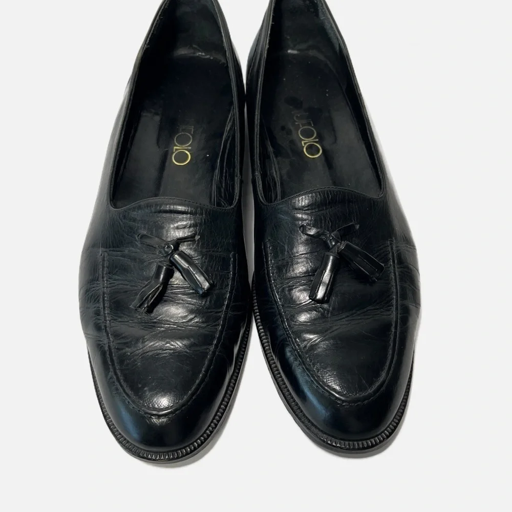 Vito Rufolo Black Loafers Italian Leather Tassled Slip On Mens size 11.5